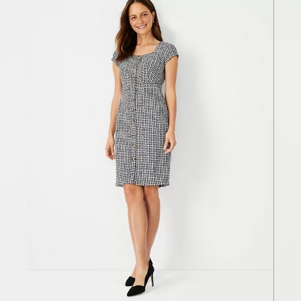 NWT Ann Taylor Gingham Tweed Button Front Sheath Dress Sz 12